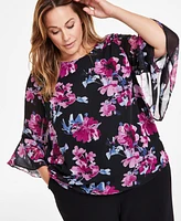 Kasper Plus Printed Ruffled-Cuff 3/4-Sleeve Blouse