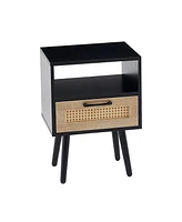 Streamdale Furniture Rattan End table with drawer and solid wood legs, Modern nightstand, side table for living room, bedroom, black