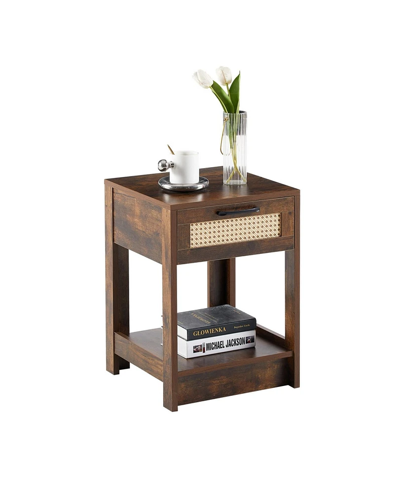 Simplie Fun Rattan End table with drawer, Modern nightstand, side table for living room, bedroom, Rustic Brown