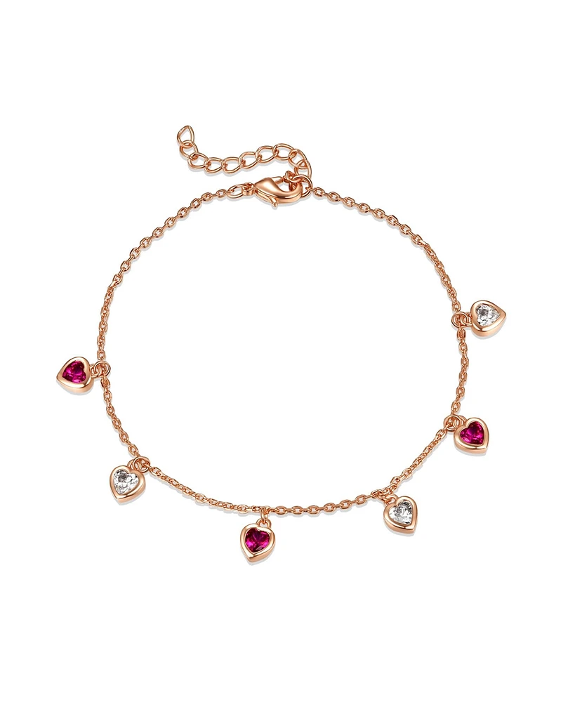 GiGiGirl 18k Rose Gold Plated with Ruby & Cubic Zirconia Heart Dangle Charm Adjustable Bracelet