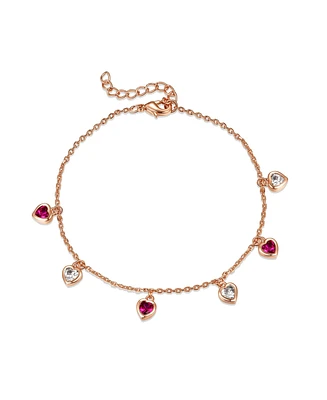 GiGiGirl 18k Rose Gold Plated with Red & White Cubic Zirconia stones Heart Dangle Charm Adjustable Bracelet