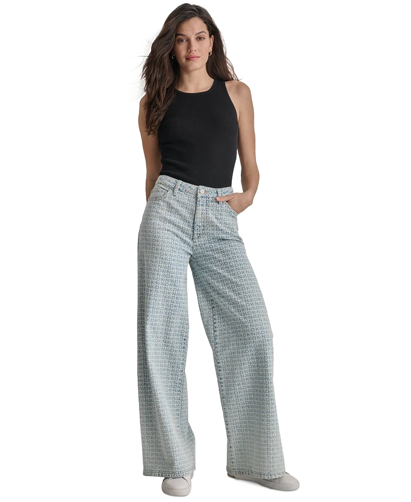 Dkny Women's Logo-Print Wide-Leg High-Rise Jeans - H98