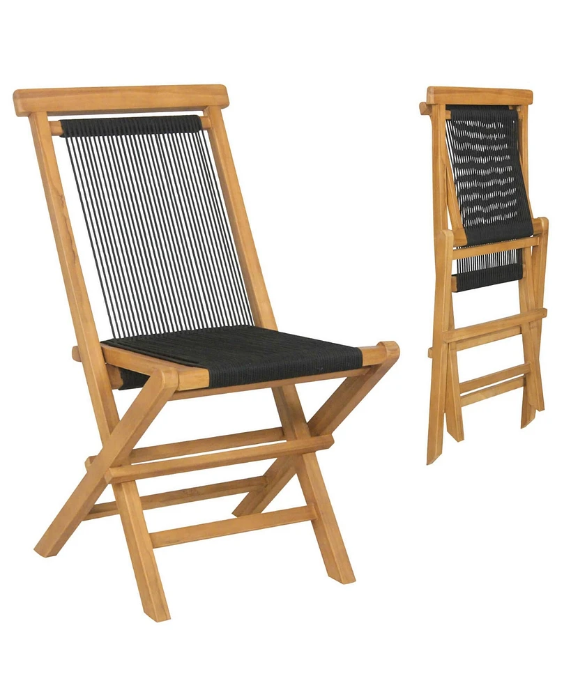 Costway 4 Pcs Patio Folding Chairs with Woven Rope Seat & Back Solid Teak Wood for Porch