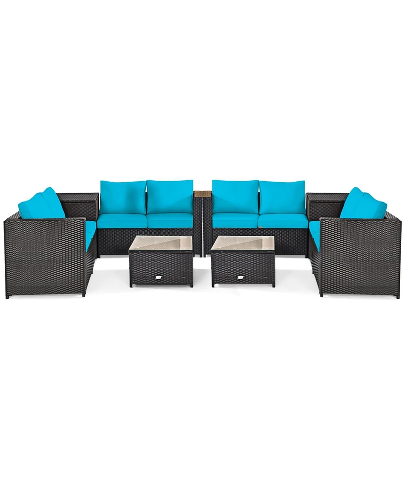 Gymax 8PCS Cushioned Rattan Patio Conversation Set w/ Side Table Turquoise Cushion