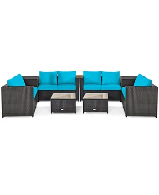 Gymax 8PCS Cushioned Rattan Patio Conversation Set w/ Side Table Turquoise Cushion