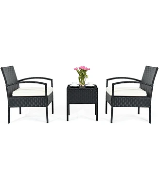 Gymax 3PCS Patio Rattan Furniture Set Conversation Sofa Cushioned Coffee Table Garden