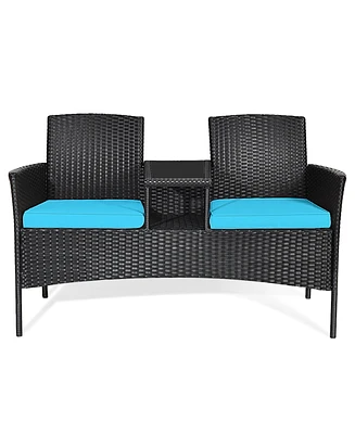 Gymax Rattan Wicker Patio Conversation Set w/ Table Turquoise Cushion