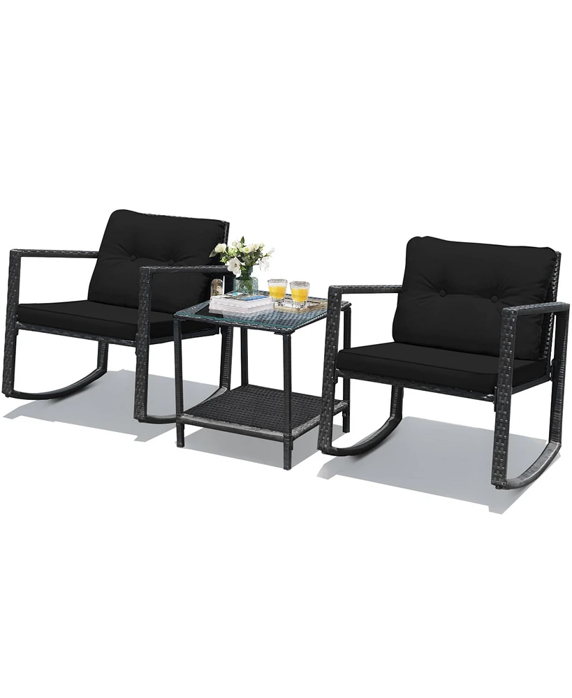 Gymax 3PCS Rattan Rocking Chair Table Set Patio Furniture Set w/ Black Cushions