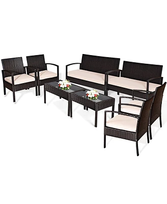 Gymax 8PCS Patio Rattan Set Cushioned Sectional Sofa Glass Table