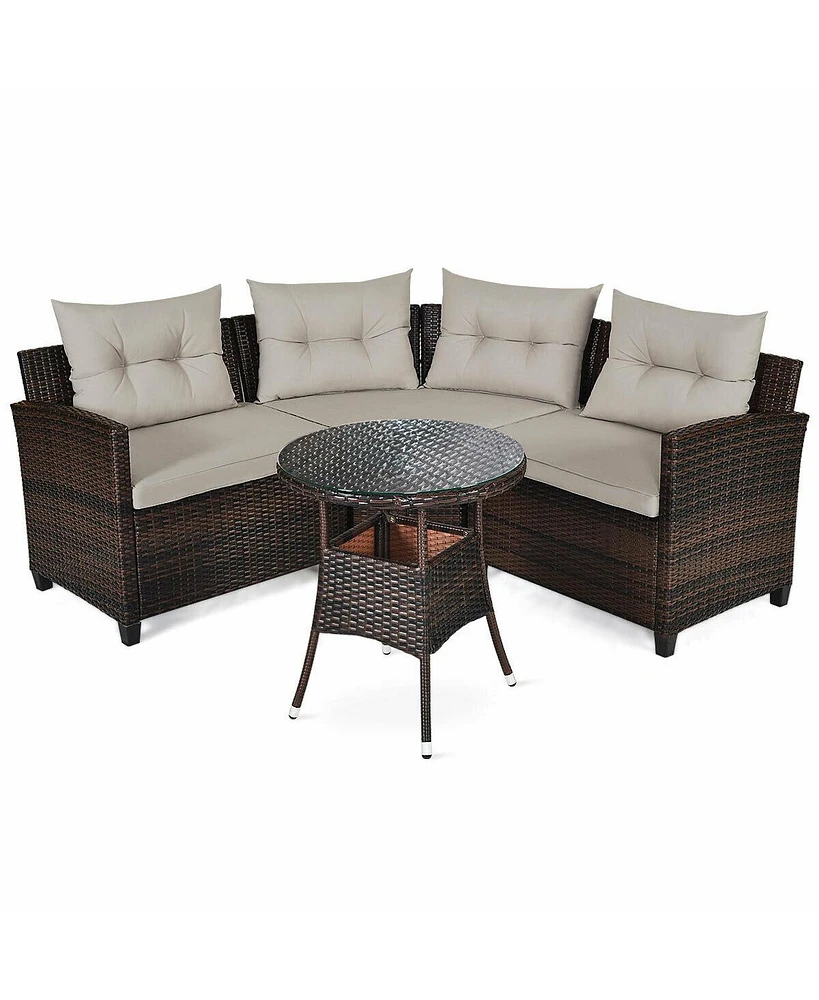 Gymax 4PCS Patio Furniture Set Outdoor Rattan Sectional w/ Cushioned Sofa Table