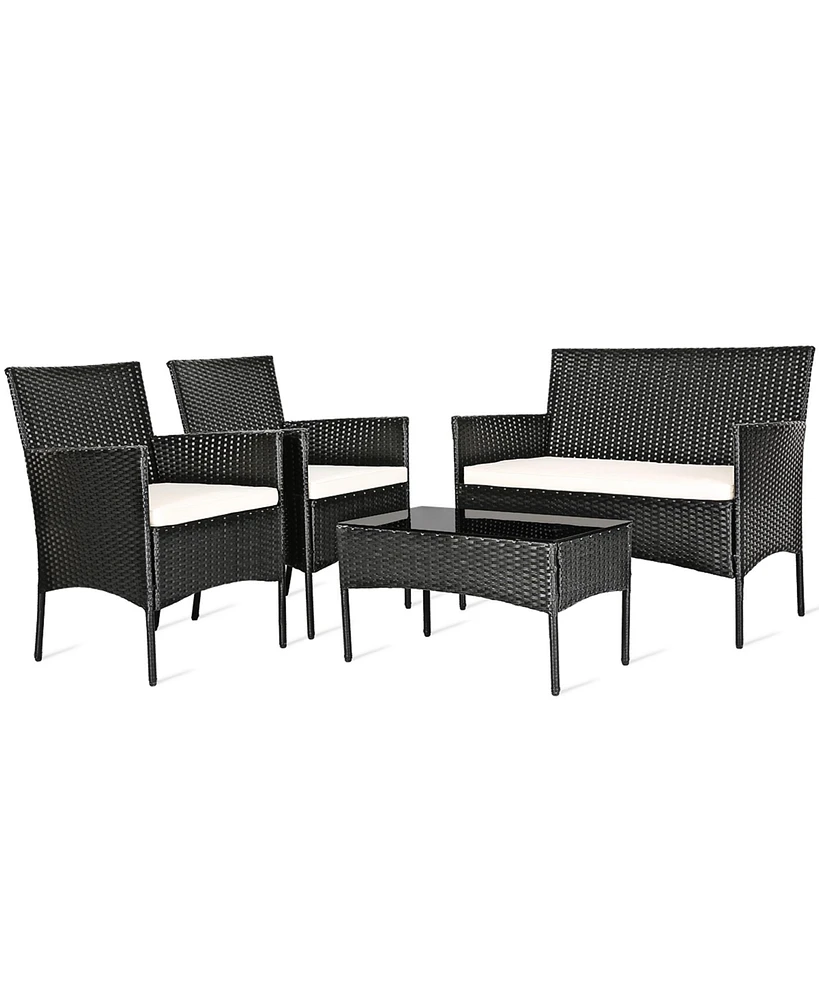 Gymax 4PCS Patio Rattan Conversation Set Outdoor Furniture Set w/ Cushion