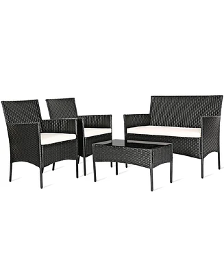 Gymax 4PCS Patio Rattan Conversation Set Outdoor Furniture Set w/ Cushion