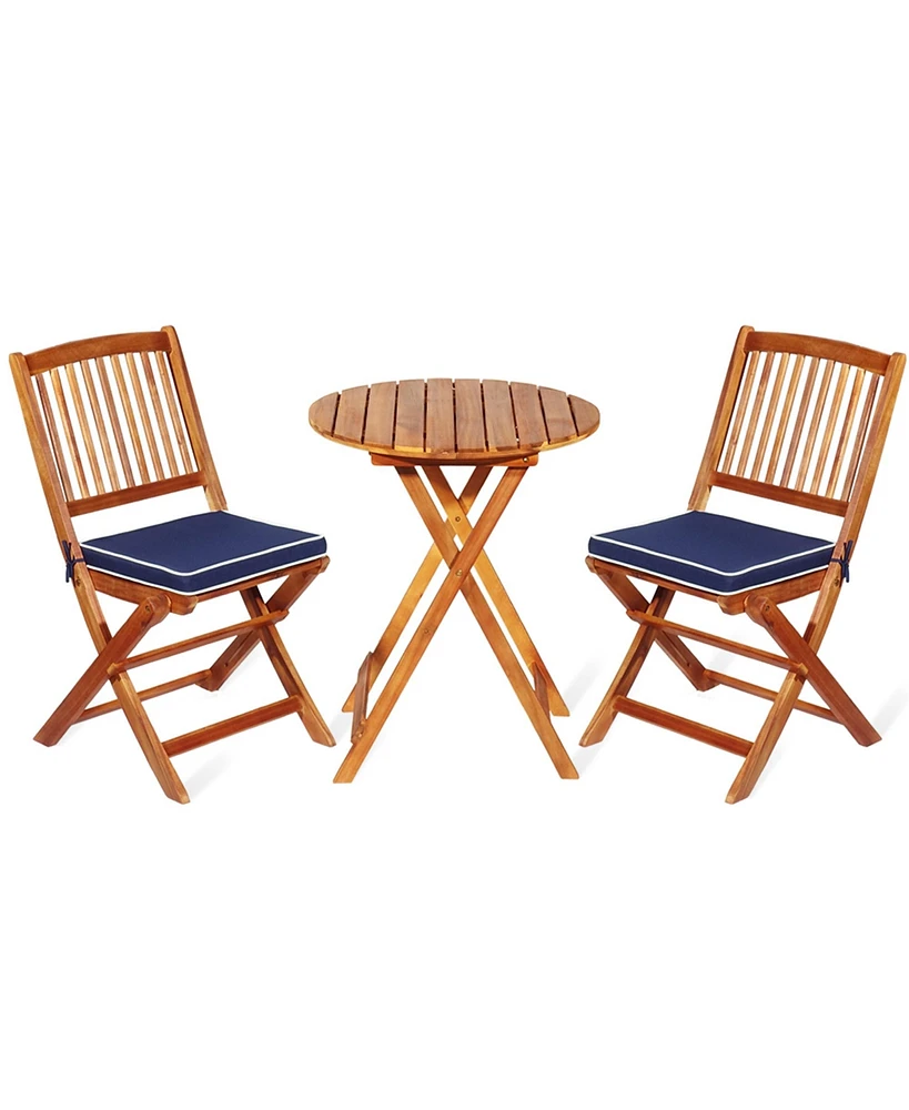 Gymax 3PC Folding Patio Conversation Set Acacia Wood Bistro Set w/ Cushions