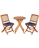 Gymax 3PC Folding Patio Conversation Set Acacia Wood Bistro Set w/ Cushions