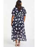 Quiz Women's Stencil Floral Wrap Frill Sleeve Midi Dress