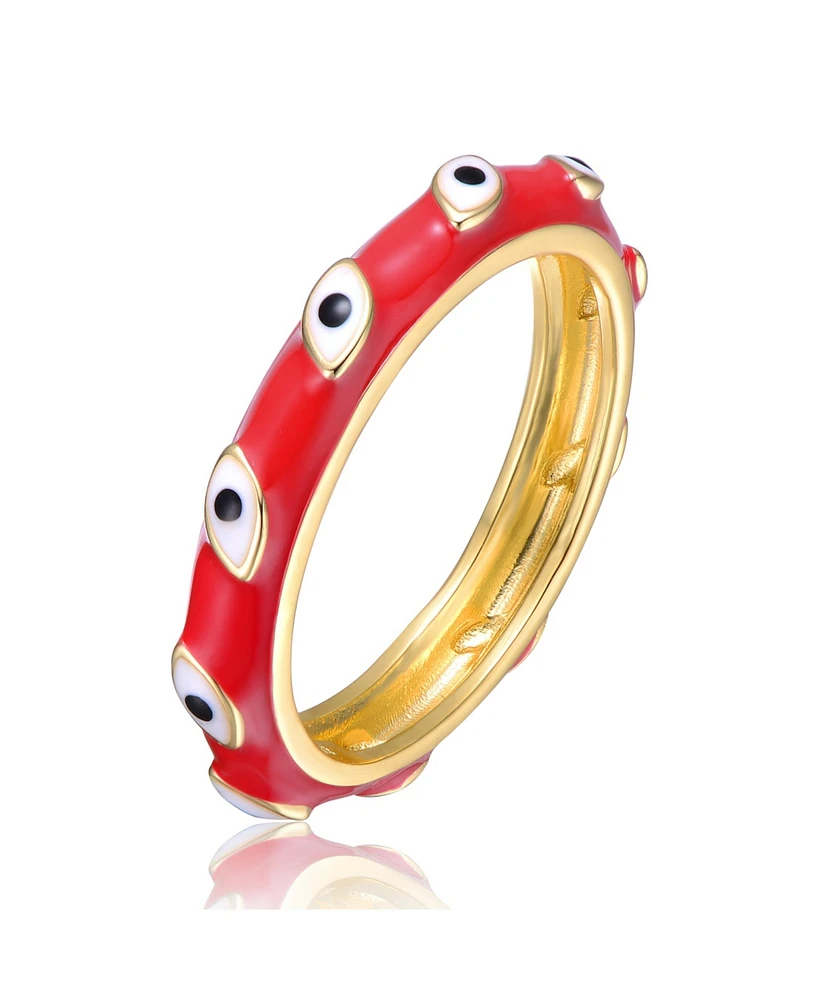 GiGiGirl Kids/Teens 14k Yellow Gold Plated Red Bamboo White Evil Eye Enamel Slim Stacking Band Ring