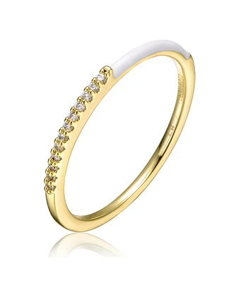 GiGiGirl Kids/Teens 14k Yellow Gold Plated with Cubic Zirconia White Enamel Half & Half Slim Stacking Ring