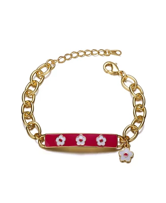 GiGiGirl 14k Yellow Gold Plated Bar Bracelet with Hot Pink Enamel and a Flower Charm for Kids
