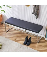 Simplie Fun Multi-functional black leather bench with silver legs. Perfect for bedroom, fitting room, storage room, dining and living room