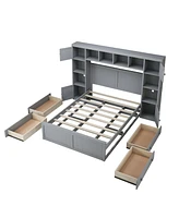 Simplie Fun Elegant And Functional Full Size Wood Bed With 4 Drawers And All-In-One Cabinet And Shelf, Grey