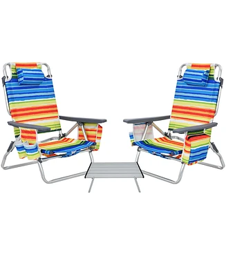 Gymax 3PCS Folding Beach Chair and Table Set Outdoor Adjustable Reclining Chair