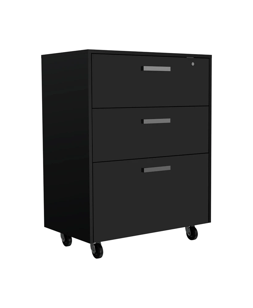 Simplie Fun 3 Drawers Storage Cabinet With Casters Lions Office, Black Wengue Finish