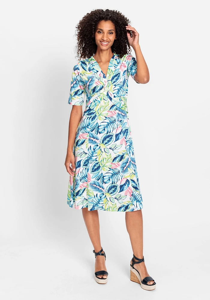 Olsen Women's Short Sleeve Tropic Print A-Line Dress