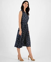 T Tahari Women's Split-Neck Smocked-Waist Pleated-Skirt Dress