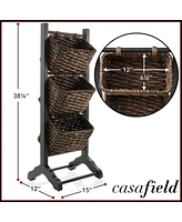 Casafield 3-Tier Floor Stand Rack with Hanging Storage Baskets, Walnut/Espresso - Wood Tower Organizer for Bathroom, Kitchen, Laundry, Living Room