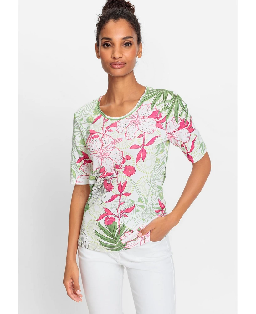 Olsen Women's 100% Cotton Short Sleeve Tropic Print T-Shirt
