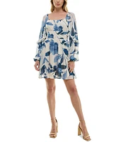 Crystal Doll Juniors' Long-Sleeve Printed-Chiffon A-Line Dress