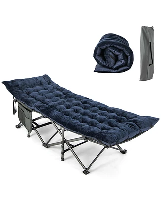 Gymax Wide Foldable Camping Cot Heavy-Duty Steel Sleeping Cot w/Sleeping Mattress Navy