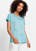 Olsen 100% Cotton Short Sun-Bleached Tee with Palm Tree Applique