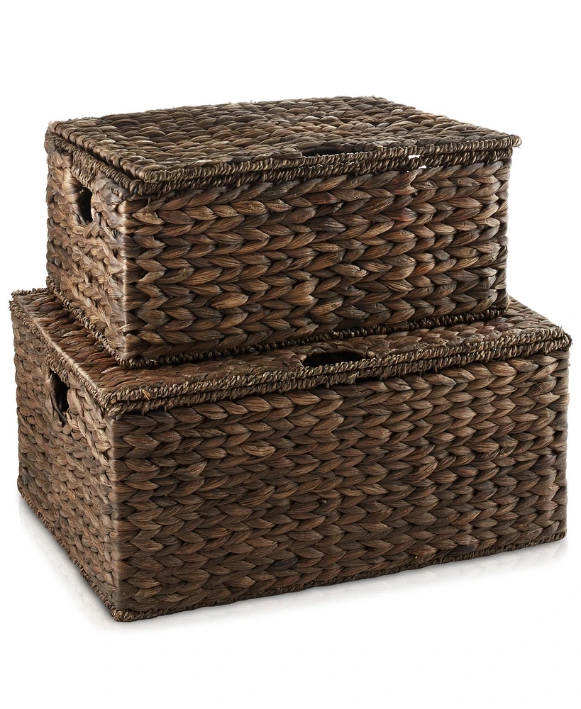 Casafield Set of 3 Water Hyacinth Storage Baskets (Small/Medium/Large), Multipurpose Organizer Rectangular Totes with Removable Lids - Espresso