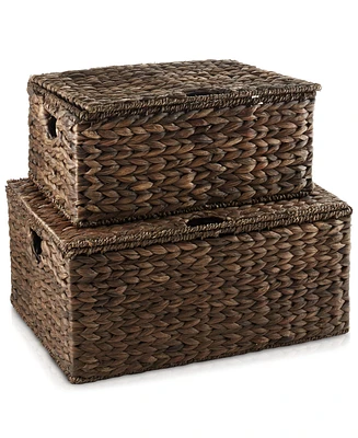 Casafield Set of 3 Water Hyacinth Storage Baskets (Small/Medium/Large), Multipurpose Organizer Rectangular Totes with Removable Lids