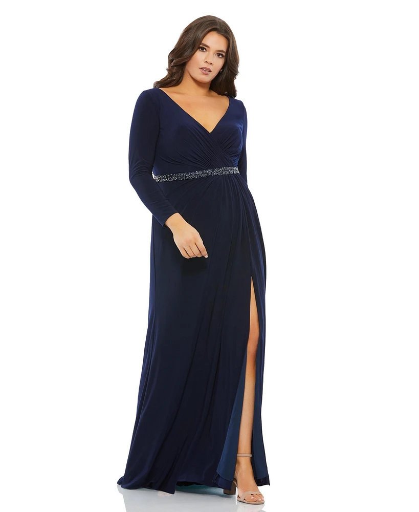 Mac Duggal Plus Beaded Belt Jersey Faux Wrap Long Sleeve Gown