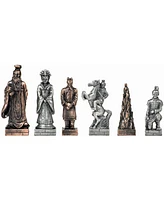 We Games Chinese Qin Chess & Checkers Game Set - Pewter Chessmen & Black Stained Wood Board with Storage Drawers 15 in.