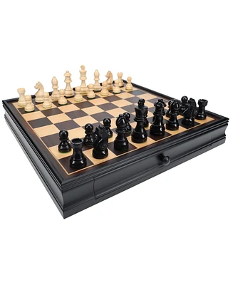 We Games French Staunton Chess & Checkers Set - Weighted Pieces, Black Stained Wooden Board with Storage Drawers - 15 in.