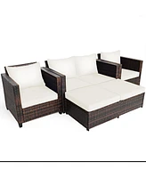 Gymax 5PCS Outdoor Patio Rattan Conversation Sofa Furniture Set w/ White Cushions