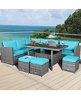 Gymax 7PCS Rattan Patio Sectional Sofa Set Conversation Set w/ Turquoise Cushions