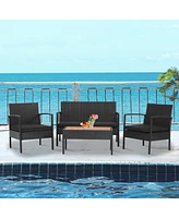 Gymax 4PCS Rattan Patio Conversation Furniture Set Outdoor Sofa Set w/ Black Cushions