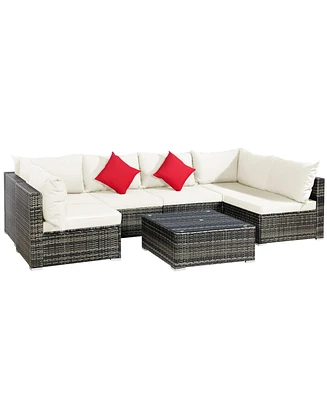 Gymax 7PCS Pe Rattan Patio Sectional Sofa Conversation Set w/ White Cushions