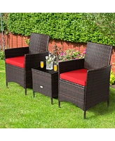 Gymax 3PCS Outdoor Rattan Conversation Set Patio Furniture Set w/ Red Cushions