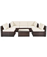 Gymax 6PCS Rattan Outdoor Sectional Sofa Set Patio Furniture Set w/ White Cushions