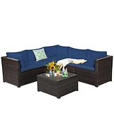 Gymax 6PCS Rattan Patio Sectional Sofa Conversation Set Outdoor w/ Navy Cushions