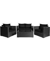 Gymax 8PCS Rattan Patio Conversation Set Outdoor Furniture Set w/ Black Cushions