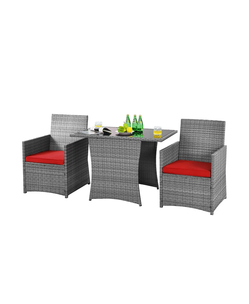 Gymax 3PCS Outdoor Rattan Conversation Set Patio Dining Table Set w/ Red Cushions