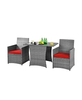 Gymax 3PCS Outdoor Rattan Conversation Set Patio Dining Table Set w/ Red Cushions