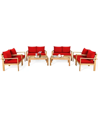 Gymax 8PCS Patio Acacia Wood Conversation Furniture Set w/ Red Cushions