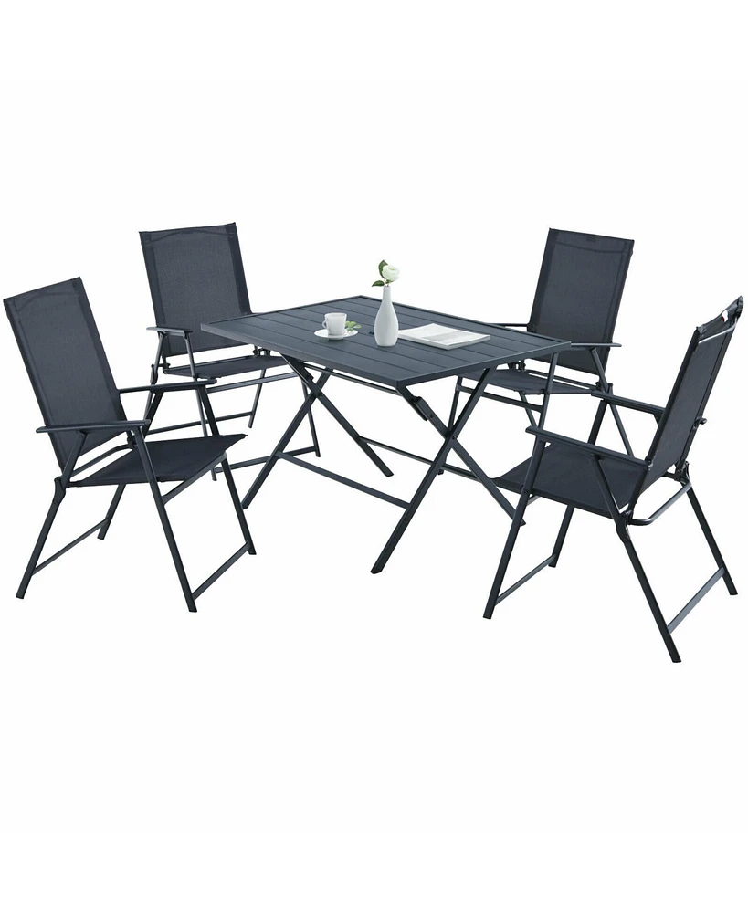 Gymax 5PCS Patio Folding Table & Chairs Set Outdoor Dining Set w/ Umbrella Hole